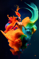 Girl underwater in a fantasy of multicolored fabric and ink color flying around her. Woman dancing with an imaginative and glamorous silk and colorful ink make dress that flutters. Generative ai