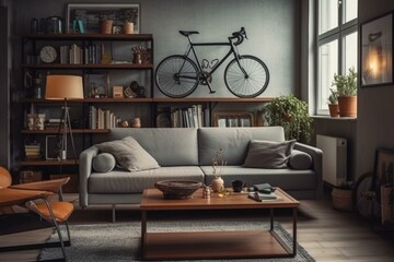 Interior of living room with grey sofas, coffee table, shelving units and bicycle near window. Generative AI