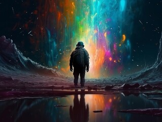 Silhouette of an astronaut from back looking to colorful sky in the outter space. Generative ai
