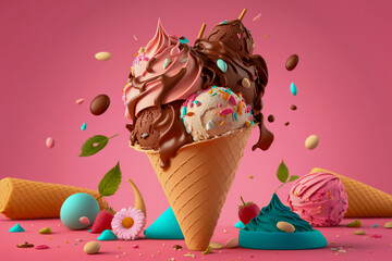 Tasty cone ice cream with chocolade and topping, super photo realistic background. Generative ai 3d illustration