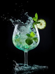 cocktail with lime, mint leaf and ice on black background. Generative ai