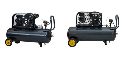 Naklejka premium Black air compressor. An external compressor. industrial compressor in red on a white background.
