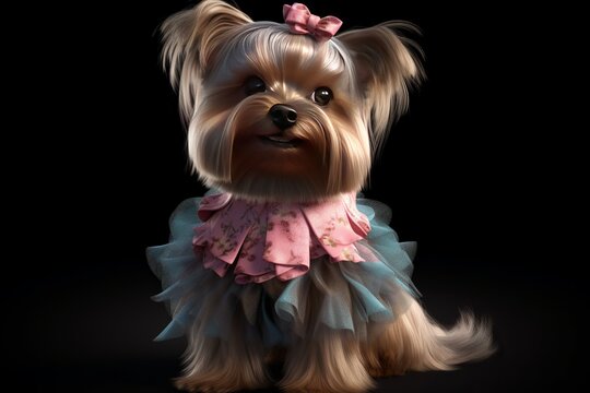 A super cute Yorkshire terrier in a pretty dress brig from generative ai