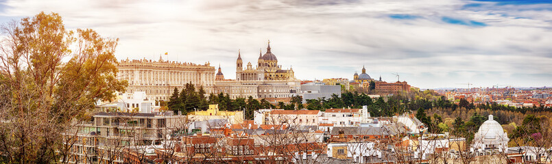 Panoramic view on the St. Mary Royal of the Almudena and the Royal Palace in Madrid, Spain.