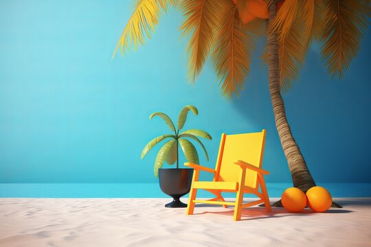 Beach chairs under the coconut trees, virtual 3D render from generative ai