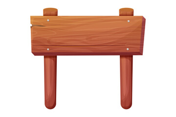 Wooden signboard, plank, frame on stick textured in cartoon style isolated on white background. Game asset, button or ui menu.