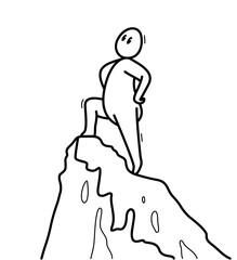 Funny cartoon man standing on top peak of a high mountain like a champ vector flat style illustration isolated on white, businessman or employee in success on a top of career.