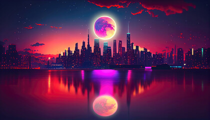 Night city with full moon and reflection in water, ai generation