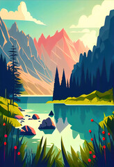 Mountain landscape with lake and coniferous forest, ai generation