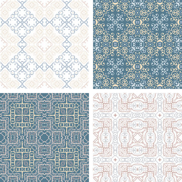 Set of pastel colored seamless tiles, vector ornamental patterns, elegant decorative backgrounds for fabrics, clothing, decoration, home decor, cards and templates, wrapping paper, kids prints.
