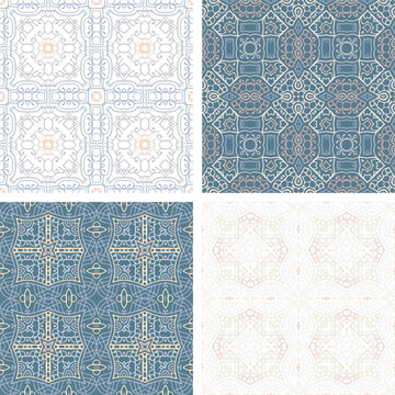 Set of pastel colored seamless tiles, vector ornamental patterns, elegant decorative backgrounds for fabrics, clothing, decoration, home decor, cards and templates, wrapping paper, kids prints.