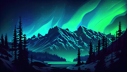 Night landscape with mountains, forest and lake, ai generation