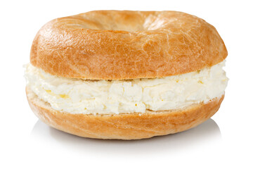 Bagel sandwich with cream cheese for breakfast isolated on a white background