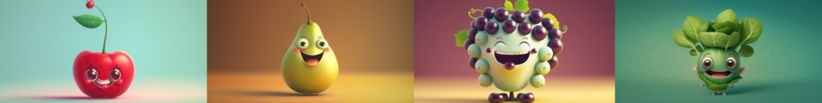 Naklejki Happy smiling fruits cartoon characters package set, funny cute vegetables mix stickers personages icons trendy pack collection on color background, healthy organic diet food concept. AI generative.