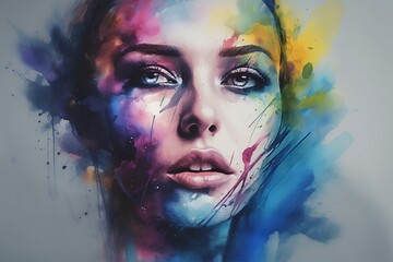 Abstract watercolor illustration of a woman's face. Beautiful young woman model, facial portrait. Glamorous girl fashion illustration. Stylish art sketch of female character. Beauty and style banner.