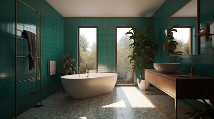 Fototapeta premium Sophisticated Mid-Century Modern Bathroom with Teal Accents