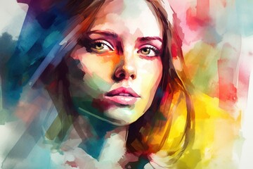 Abstract watercolor illustration of a woman's face. Beautiful young woman model, facial portrait. Glamorous girl fashion illustration. Stylish art sketch of female character. Beauty and style banner.
