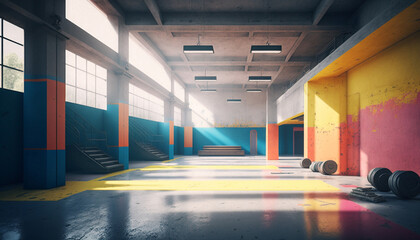 Colorful gym, interior with sport and fitness equipment, fitness center inteior, inteior of crossfit and workout gym, concrete wall, Generative AI
