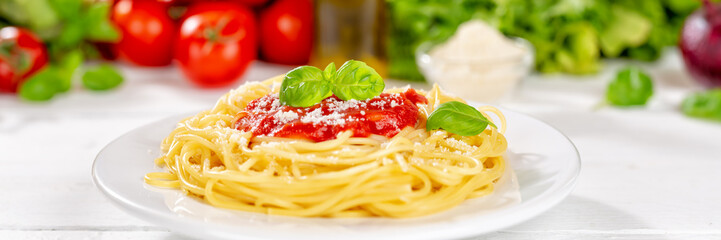 Spaghetti meal from Italy pasta lunch with tomato sauce panorama