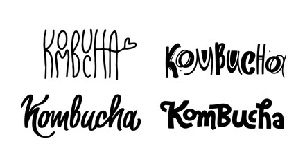 Kombucha vector set, hand written lettering, original calligraphy. Fermented probiotic tea. Templates sign design for logo, print, packaging, label.