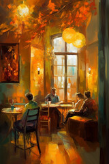 Fototapeta na wymiar A Warm Evening at the Cafe: An Abstract Painting in Orange Hues