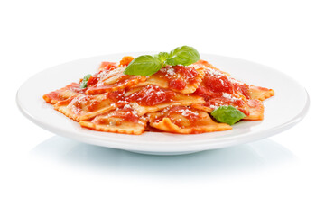 Ravioli pasta meal isolated on a white background from Italy for lunch dish with tomato sauce on a...