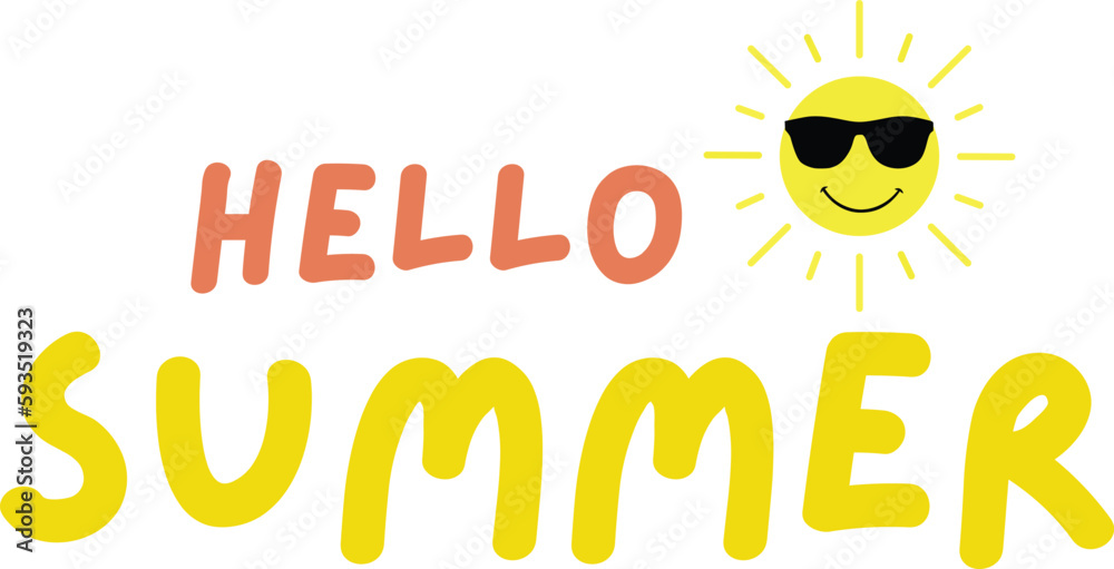 Fototapete hello summer text with funny sun icon, vector background, isolated on white. zip file contains eps, 