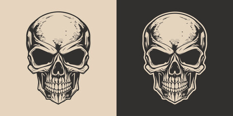 Set of vintage retro scary skull. Can be used like emblem, logo, badge, label. mark, poster or print. Monochrome Graphic Art. Vector. Hand drawn element in engraving.