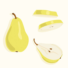 Pear whole, cut in half and round slices. Vector icons on the theme of food. Juicy summer fruits.