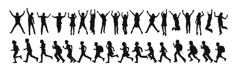 Obraz na płótnie Canvas Large group of happy kids jumping and running together vector silhouette set.