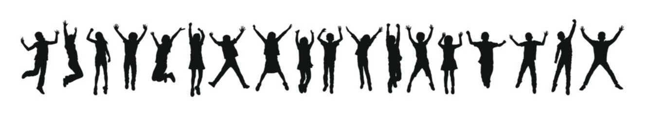 Kids jumping together with hands up vector silhouette set.