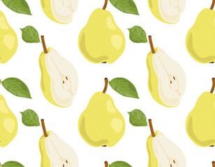 Whole pears and their halves with leaves. Seamless pattern in vector. Suitable for print and background.
