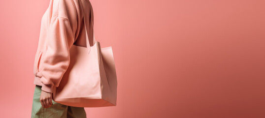 Shopping Spree. Happy person carrying shopping bag isolated on pastel pink background. Copy space for your text. Retail and consumerism concept. AI Generative