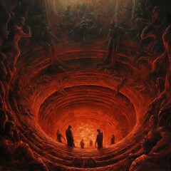 9 circles of Dante's hell painting. The image depicts the concept of Hell, with circles of torment represented in the background. The circles are filled with tormented souls.