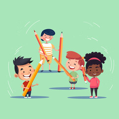  Children in the first grade or kindergarten stand and hold pencils. In the background is a teacher. Vector illustration in flat style