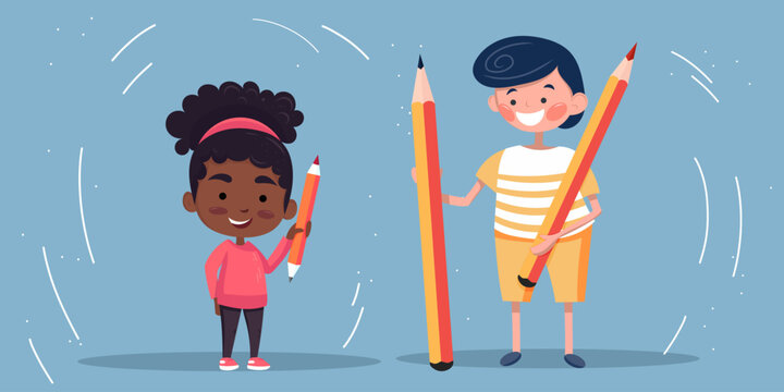 Teacher and child holding pencils in kindergarten or school first grade.