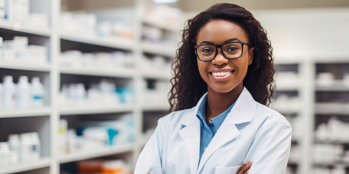 Black female pharmacist in a lab coat and smiling while dispensing medication in a pharmacy, generative ai