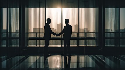 silhouettes two businessmen handshake in cooperation agreement concept at office and successful business partner. business man shaking hands to seal a deal with his partner. Generative Ai.
