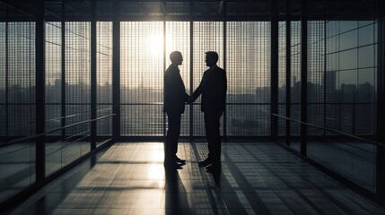 Fototapeta na wymiar silhouettes two businessmen handshake in cooperation agreement concept at office and successful business partner. business man shaking hands to seal a deal with his partner. Generative Ai.