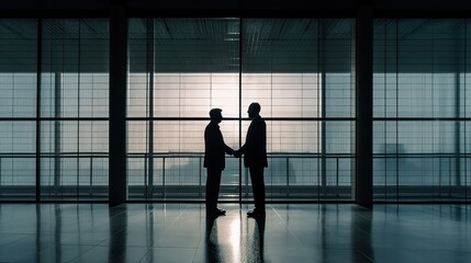Obraz na płótnie Canvas silhouettes two businessmen handshake in cooperation agreement concept at office and successful business partner. business man shaking hands to seal a deal with his partner. Generative Ai.
