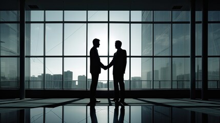 Fototapeta na wymiar silhouettes two businessmen handshake in cooperation agreement concept at office and successful business partner. business man shaking hands to seal a deal with his partner. Generative Ai.