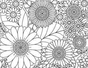 Coloring pages for children and adults.Blooming garden illustration hand drawing.  
