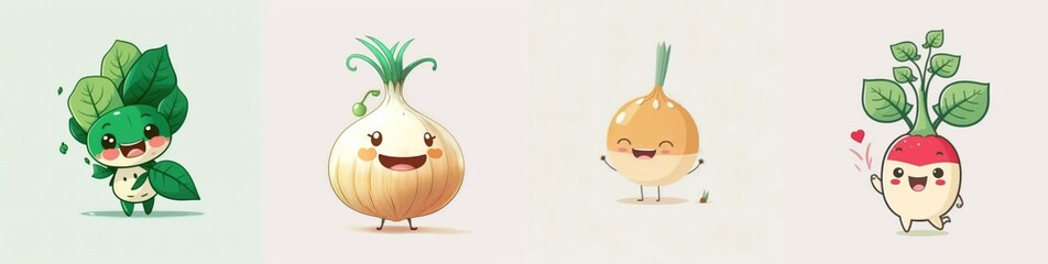 Obraz premium Happy smiling cartoon characters package set, funny cute kawaii vegetables mix stickers personages icons pack collection on color background, healthy organic diet food concept. AI generative.