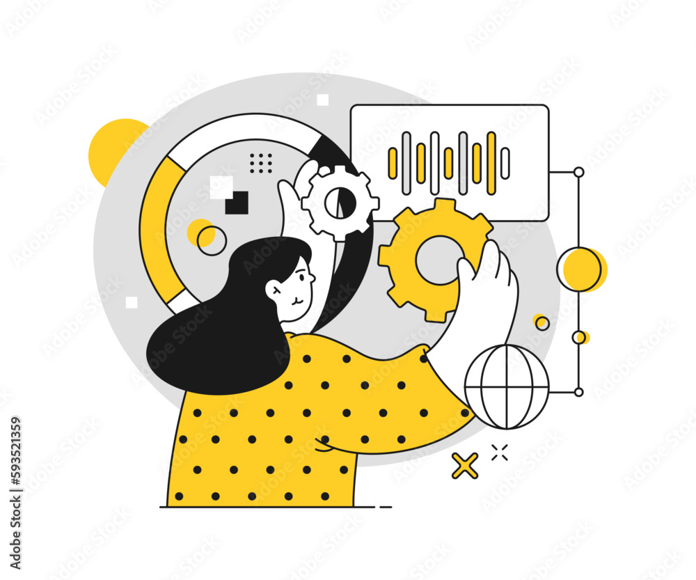 Poster Business process, employee working on project. Analysis and statistics, analytics and tools for development of company. Vector in flat cartoon illustration