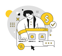 Employee setting targeting ads to bring profit, marketing and business development. Company strategy and financial planning. Vector in flat cartoon illustration