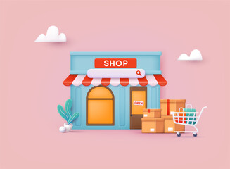 Shop vector illustration.  .Gift boxes, parcel boxes, shopping carts. 3D Web Vector Illustrations.