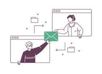 Business communication between employees or clients. Support and interaction with customers via email, company service. Vector in flat cartoon illustration