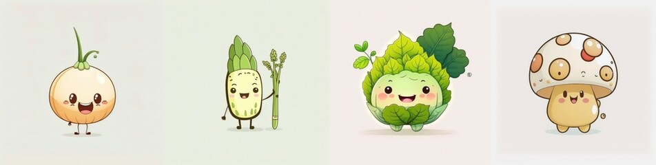 Happy smiling cartoon characters package set, funny cute kawaii vegetables mix stickers personages icons pack collection on color background, healthy organic diet food concept. AI generative.