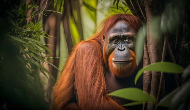 orangutan in a tropical rainforest conservation area ,Borneo endemic primates ,generative ai