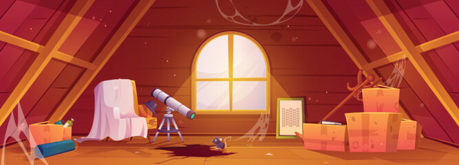 Abandoned old house attic wood interior with dust vector background. Dirty loft storage with spider web, hole in floor and box cartoon illustration. Telescope near cover armchair in garret for game.